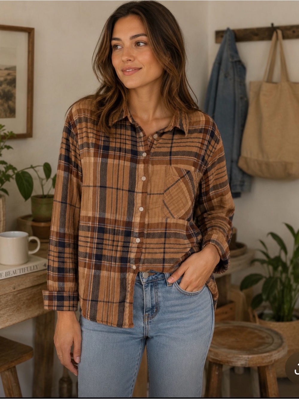 aerie Oversized Plaid Flannel Button-Up Shirt Relaxed Cotton Size S